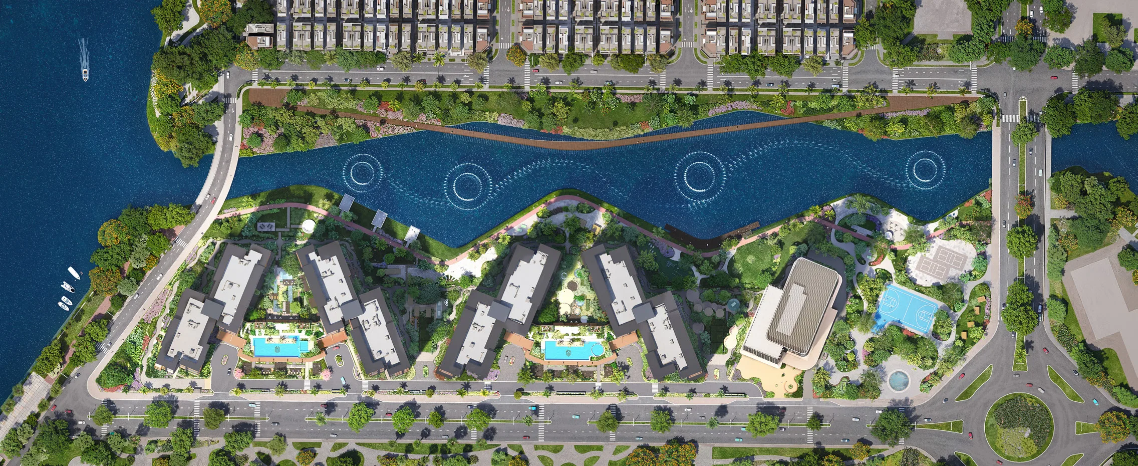 Phối cảnh nhìn từ trên cao bốn tòa Masteri Park Place, kênh nhạc nước và cụm công viên ven sông