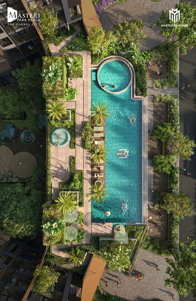 Bể bơi và cabanas nhìn từ trên cao